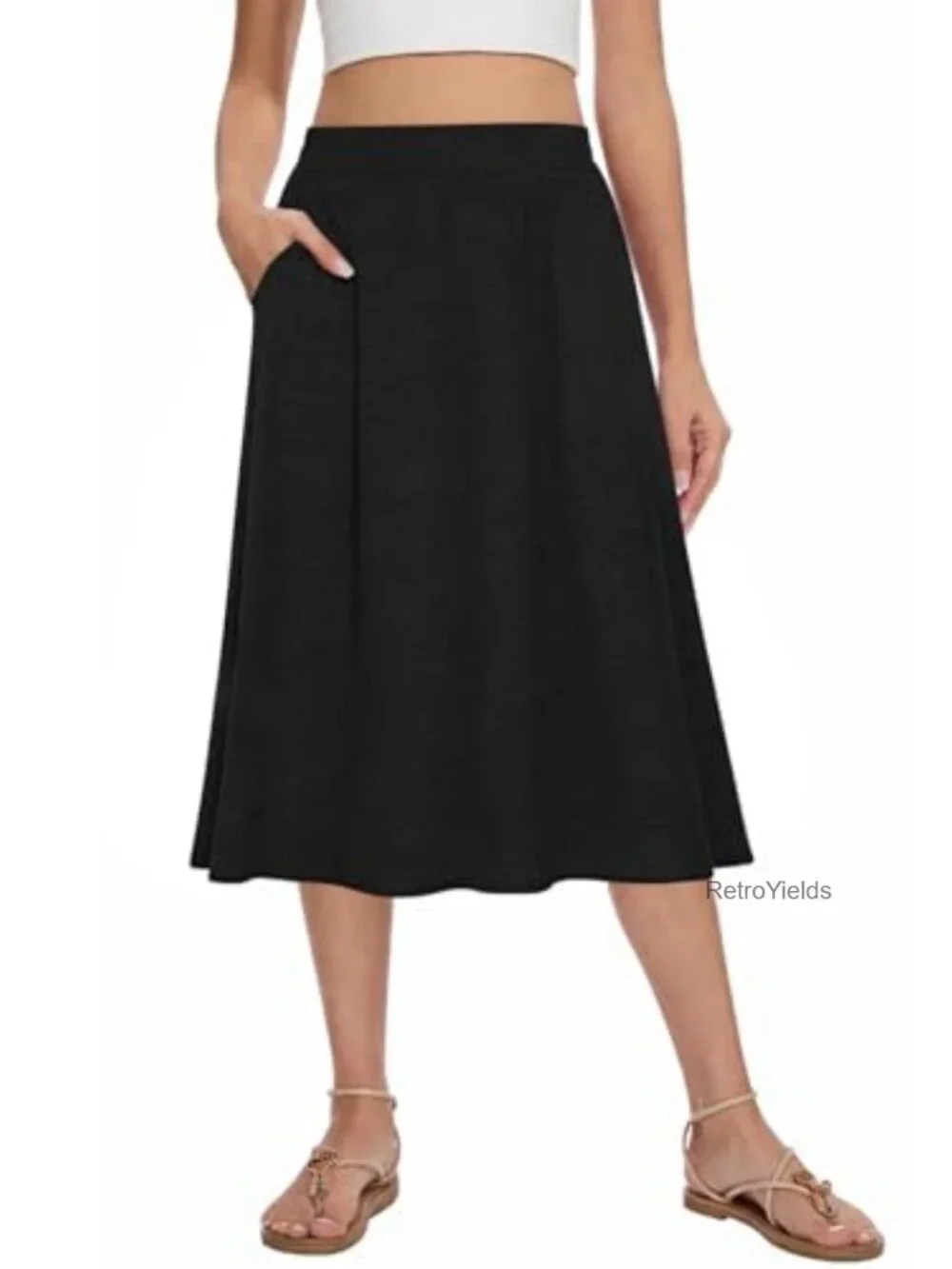 High Waist Pleated Midi A-Line Skirt with Pockets